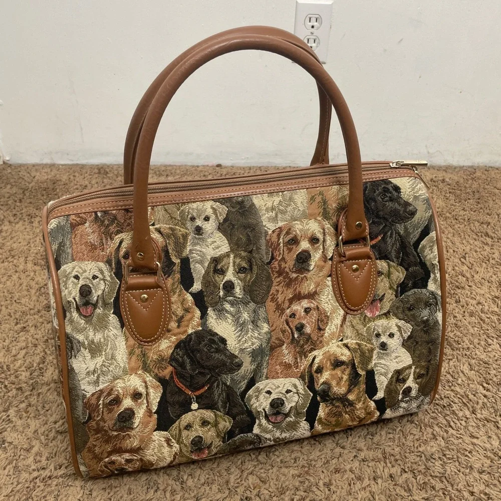 Signare Tapestry Dog‎ Breed Satchel Bag Tan Faux Leather Trim Barrel Handbag